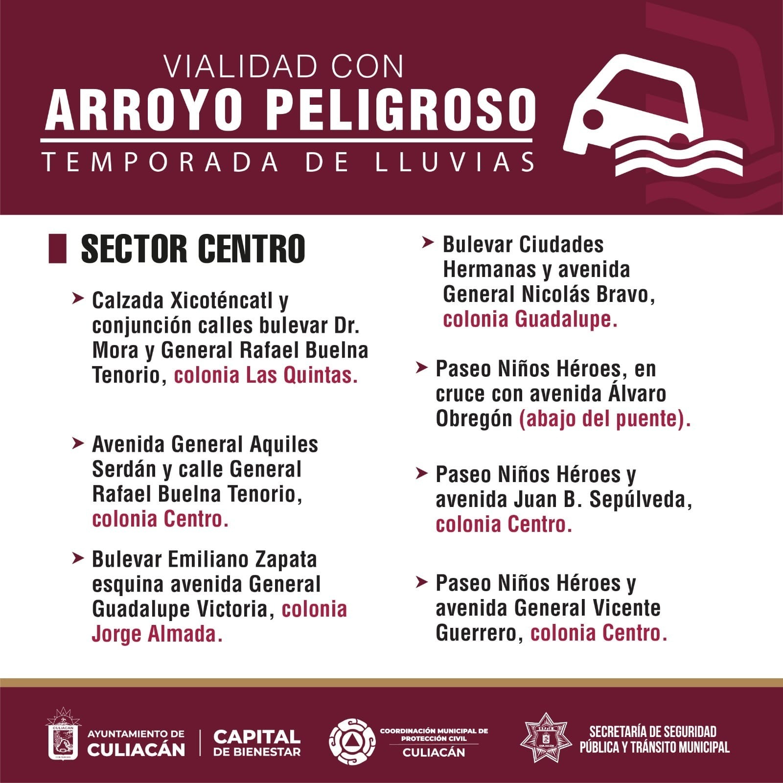 Flyer con información de calles o vialidades en riesgo por arroyos tras las lluvias en Culiacán
