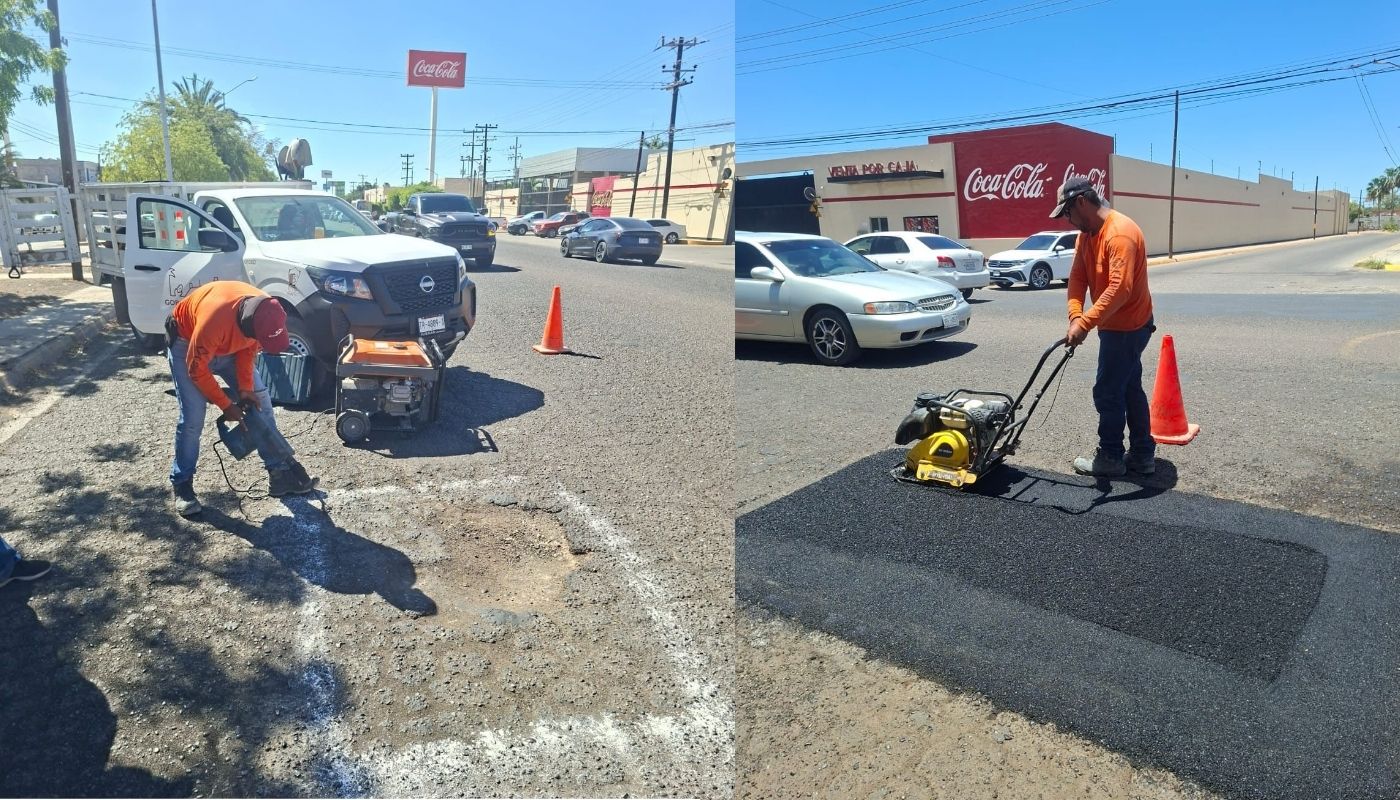 Personas realizando trabajos de bacheo en una calle