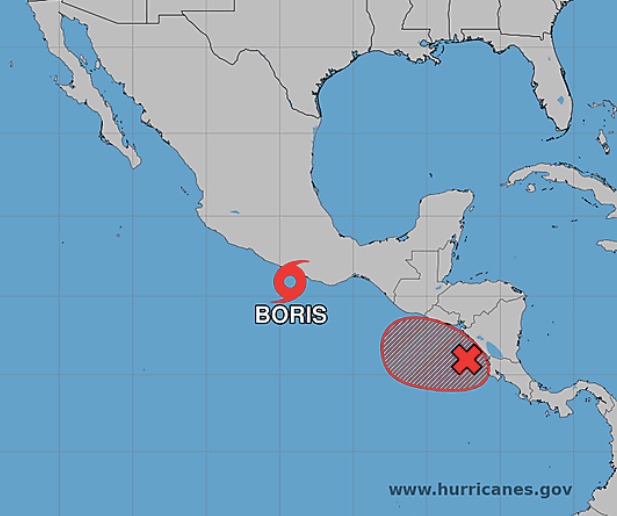 Mapa de México con dos zonas indicadas en el Pacífico sur, las tormentas tropicales Boris y Cristina