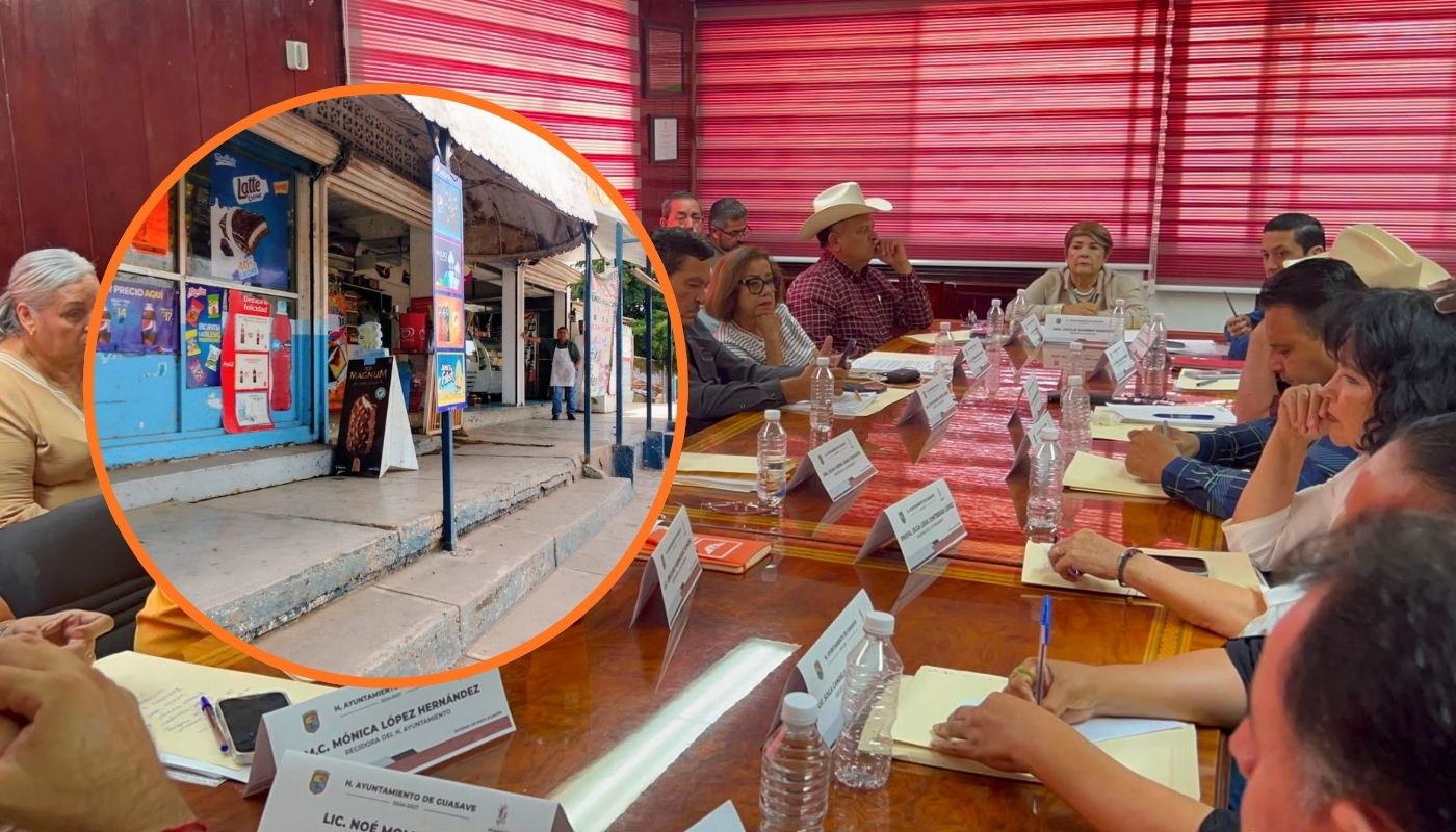 Sesion de cabildo Guasave y en un círculo una imagen de comercios