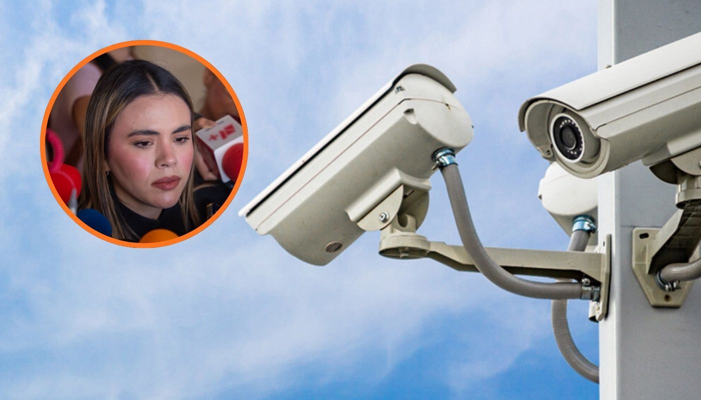 Cámaras de vigilancia y cielo azul con nubes mínimas, en un círculo la alcaldesa de Culiacán Ana Miriam Ramos