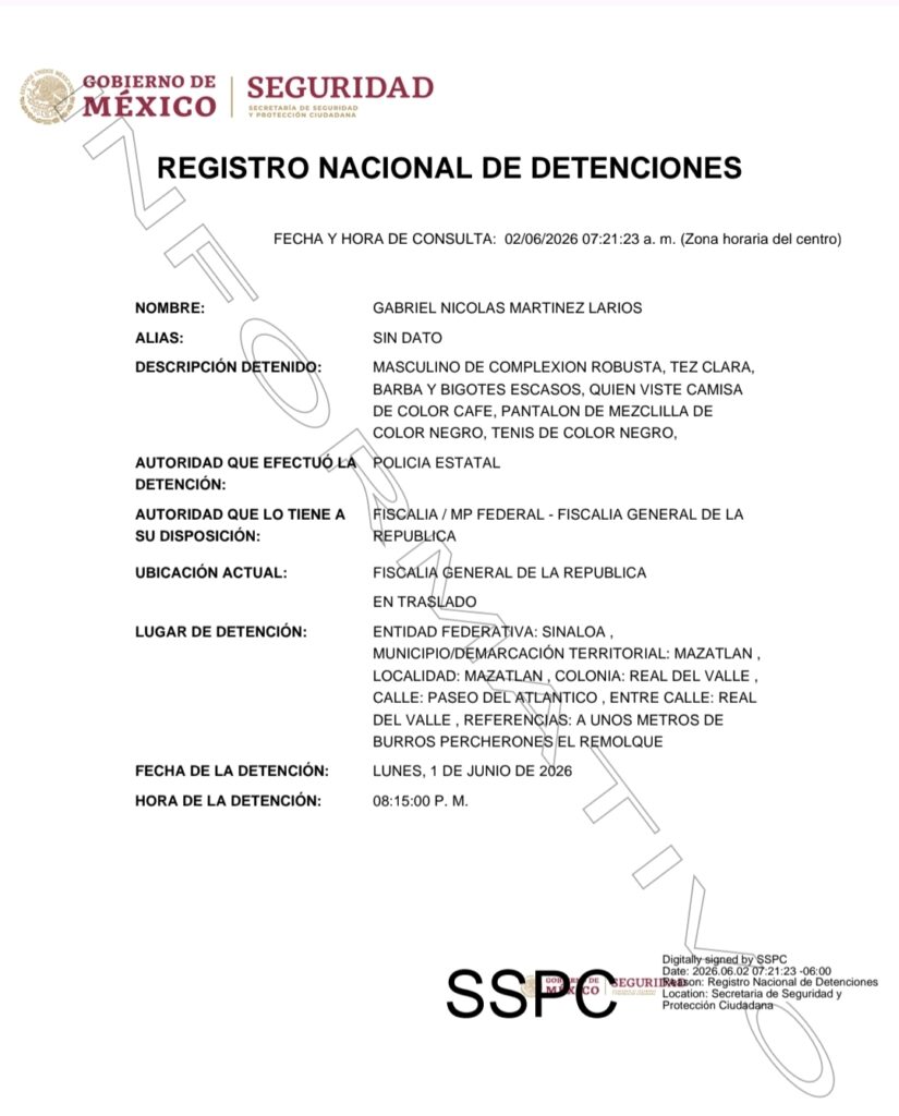 Documento/ficha de detención de una persona