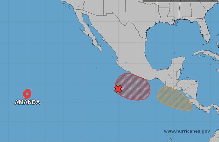 mapa satelital con dos zonas del Pacífico en rojo por ser zonas con desarrollo ciclónicco