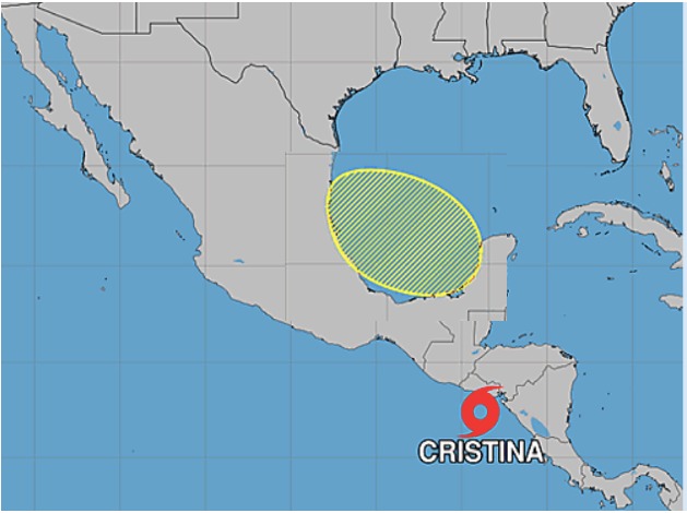 Imagen sateital de México y en el Pacífico sur y Golfo de México, dos zonas indicadas con color rojo y amarillo que corresponden a formaciones ciclonicas