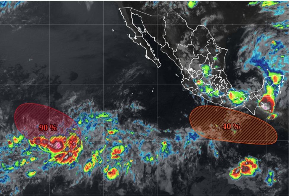 Maoa satelital del Pacífico/México, indicando dos zonas del oceano en donde se están formando posibles ciclones