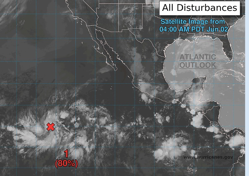 Mapa satelital del Pacífico/México, indicando dos zonas del oceano en donde se están formando posibles ciclones