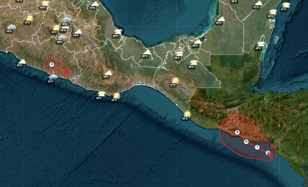 Mapa satelital del sur de México indicando dos zonas donde se encuentran dos formaciones ciclónicas