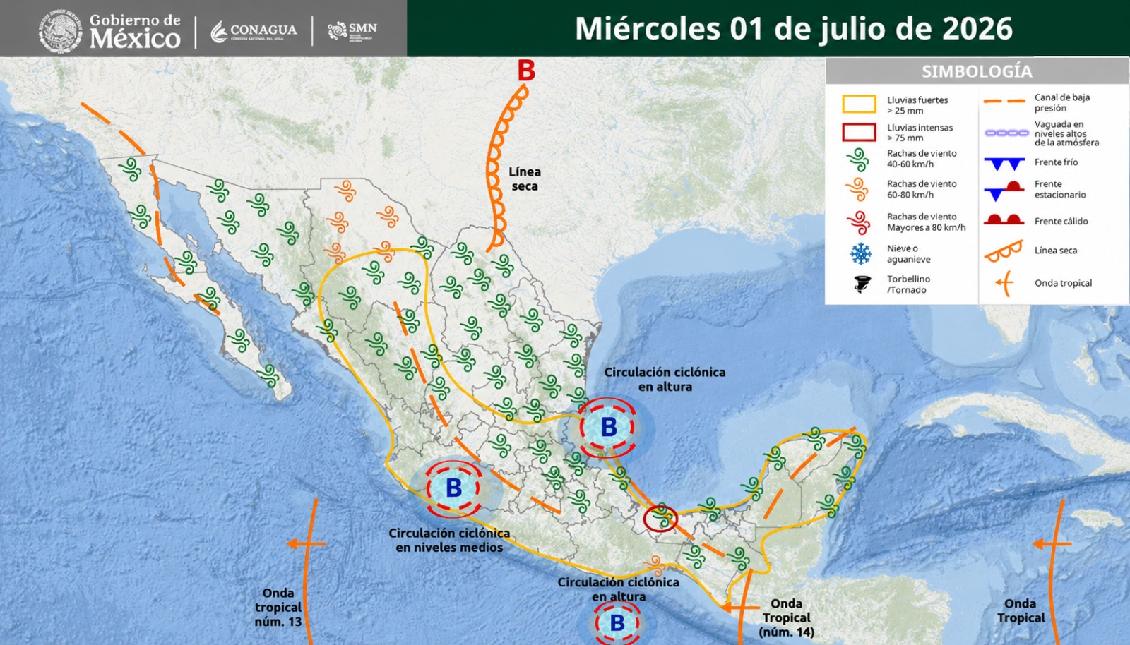 Imagen satelital de México que representa la probabilidad de tormentas con flechas y líneas