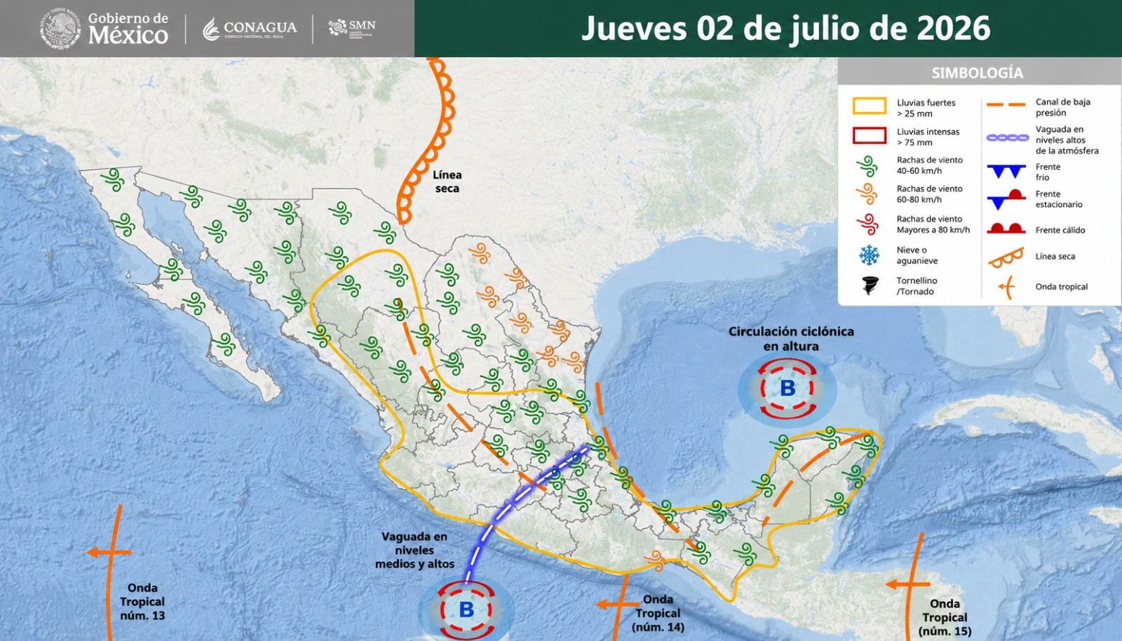 Imagen satelital de México que representa la probabilidad de tormentas con flechas y líneas