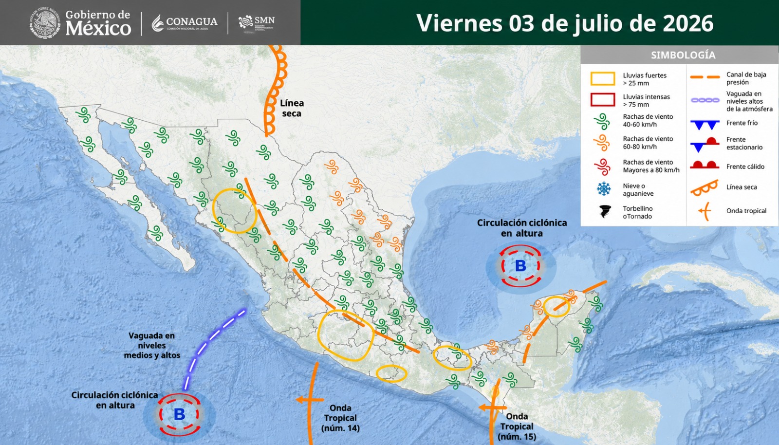Imagen satelital de México que representa la probabilidad de tormentas con flechas y líneas