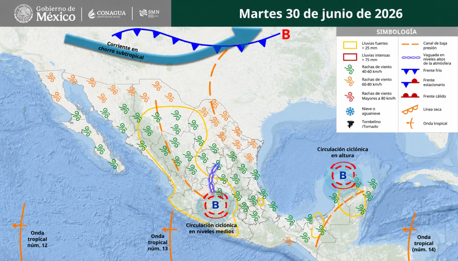Imagen satelital de México que representa la probabilidad de tormentas con flechas y líneas