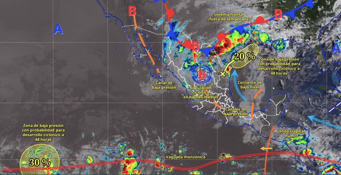 Imagen satelital de México indicando los sistemas meteorológicos activos con líneas y flechas