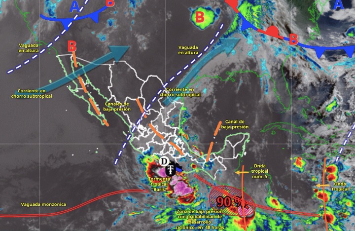 Imagen satelital de México indicando los sistemas meteorológicos activos con líneas y flechas