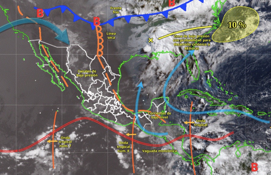 Imagen satelital de México indicando los sistemas meteorológicos activos con líneas y flechas