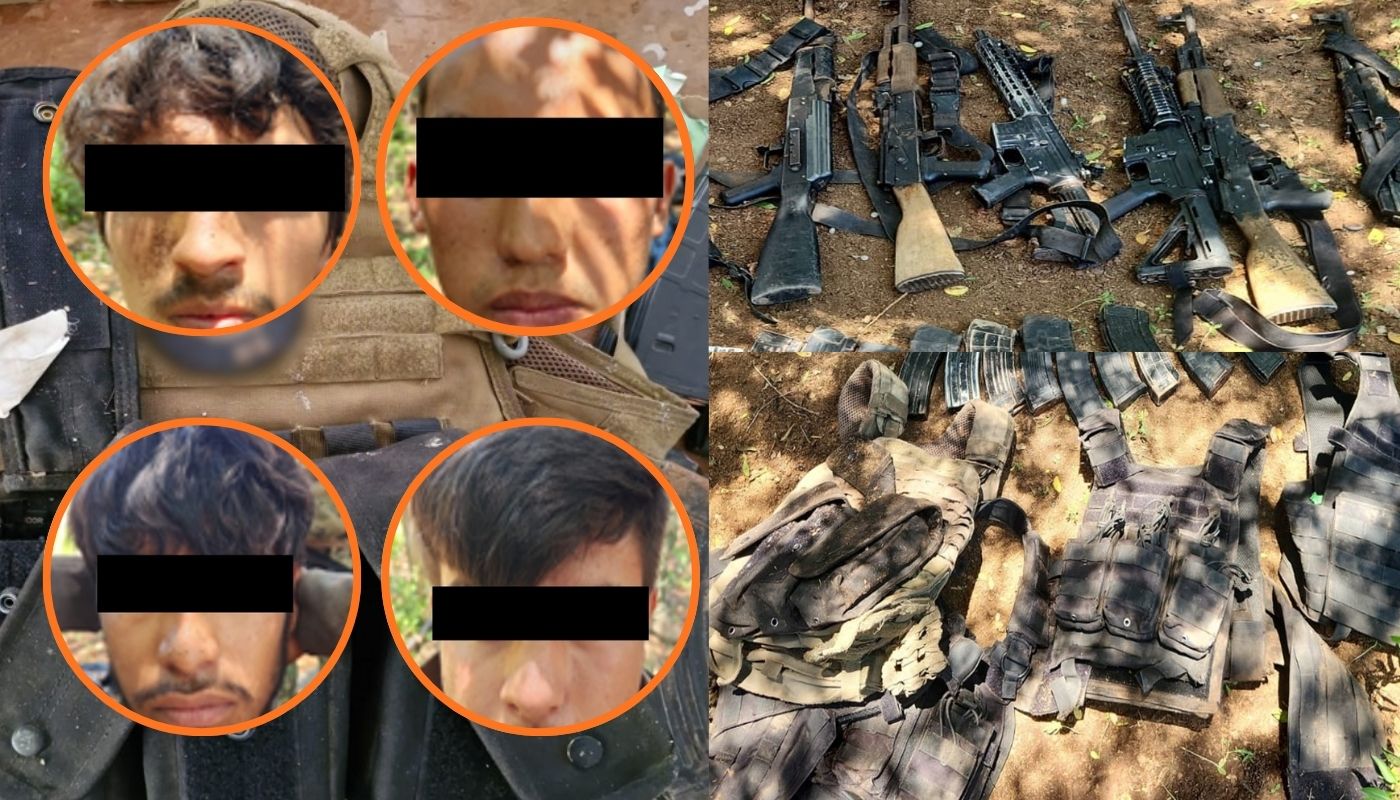 Armas en el piso, junto a cuatro circulos con cuatro imagenes de personas con cinta negra en los ojos