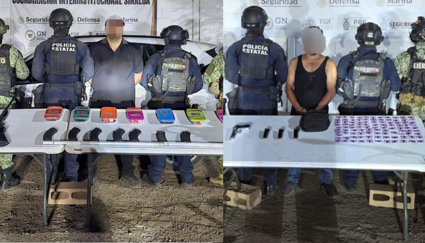 Detenidos junto a agentes de seguridad y dos mesas con objetos asegurados