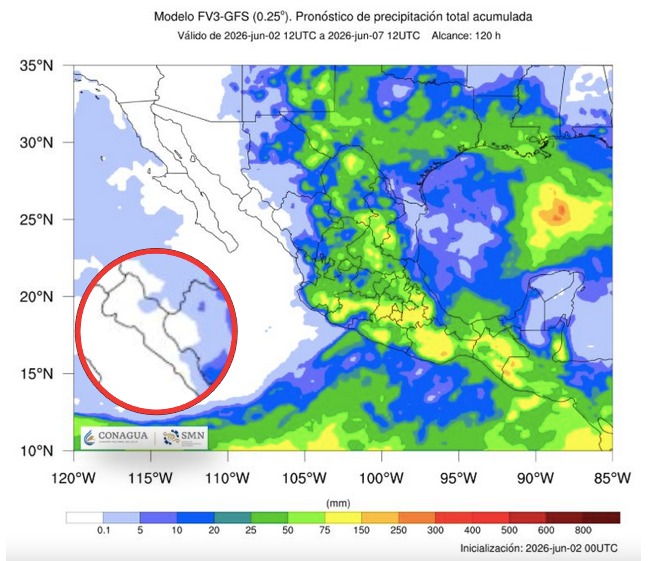 Imagen satelital de México que representa lluvias con colores verdes y azules que indica pronóstico bajo de precipitaciones