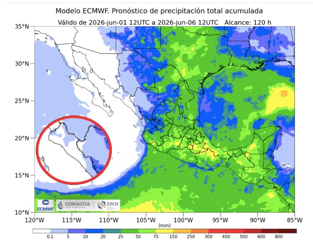 Imagen satelital de México que representa lluvias con colores verdes y azules que indica pronóstico bajo de precipitaciones