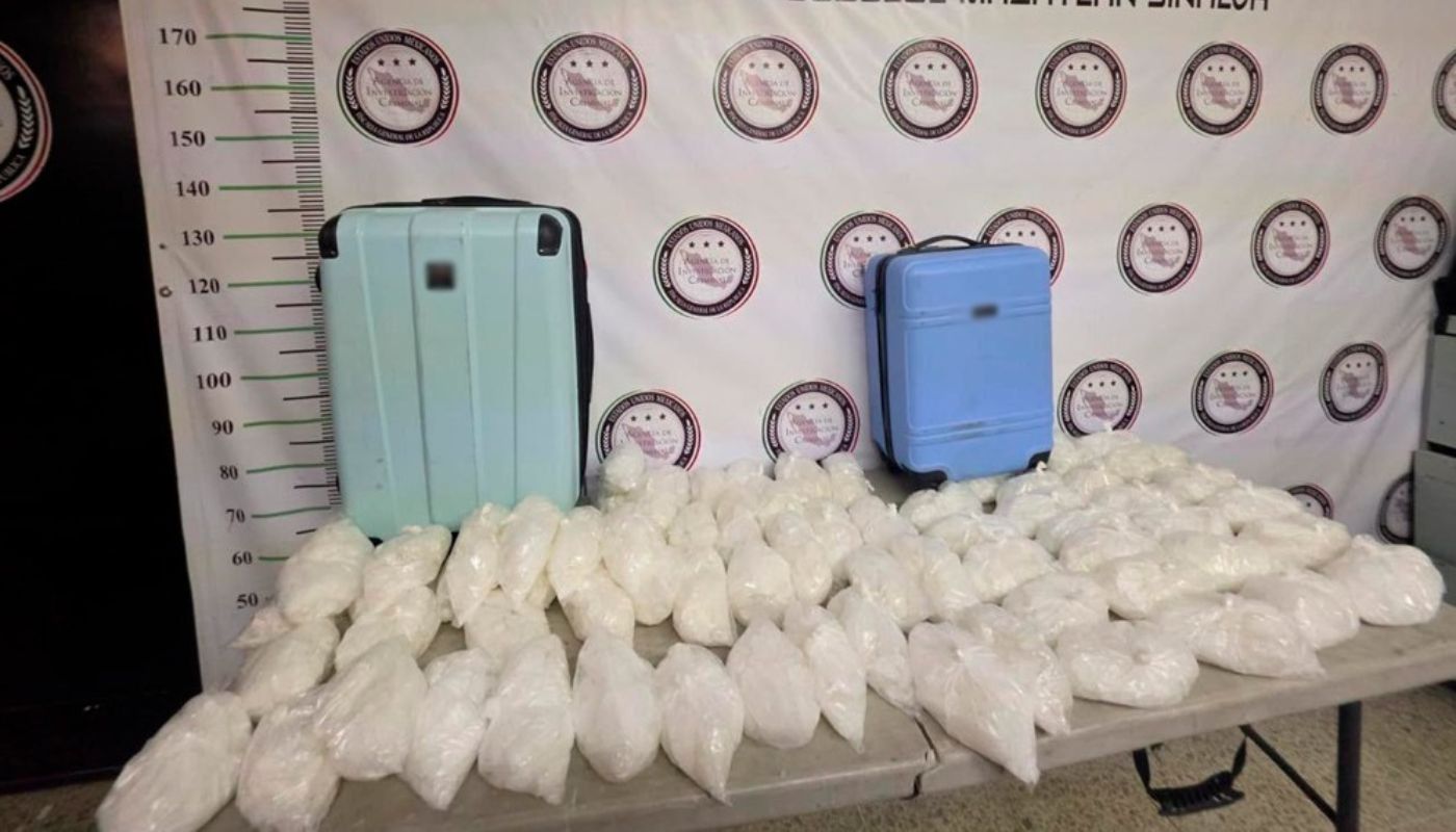 dos maletas junto a bolsas transparentes con un polvo blanco