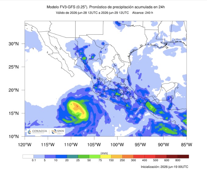 Mapa satelital de Mexico y el Pacífico con color azul, verde, amarillo y naranja