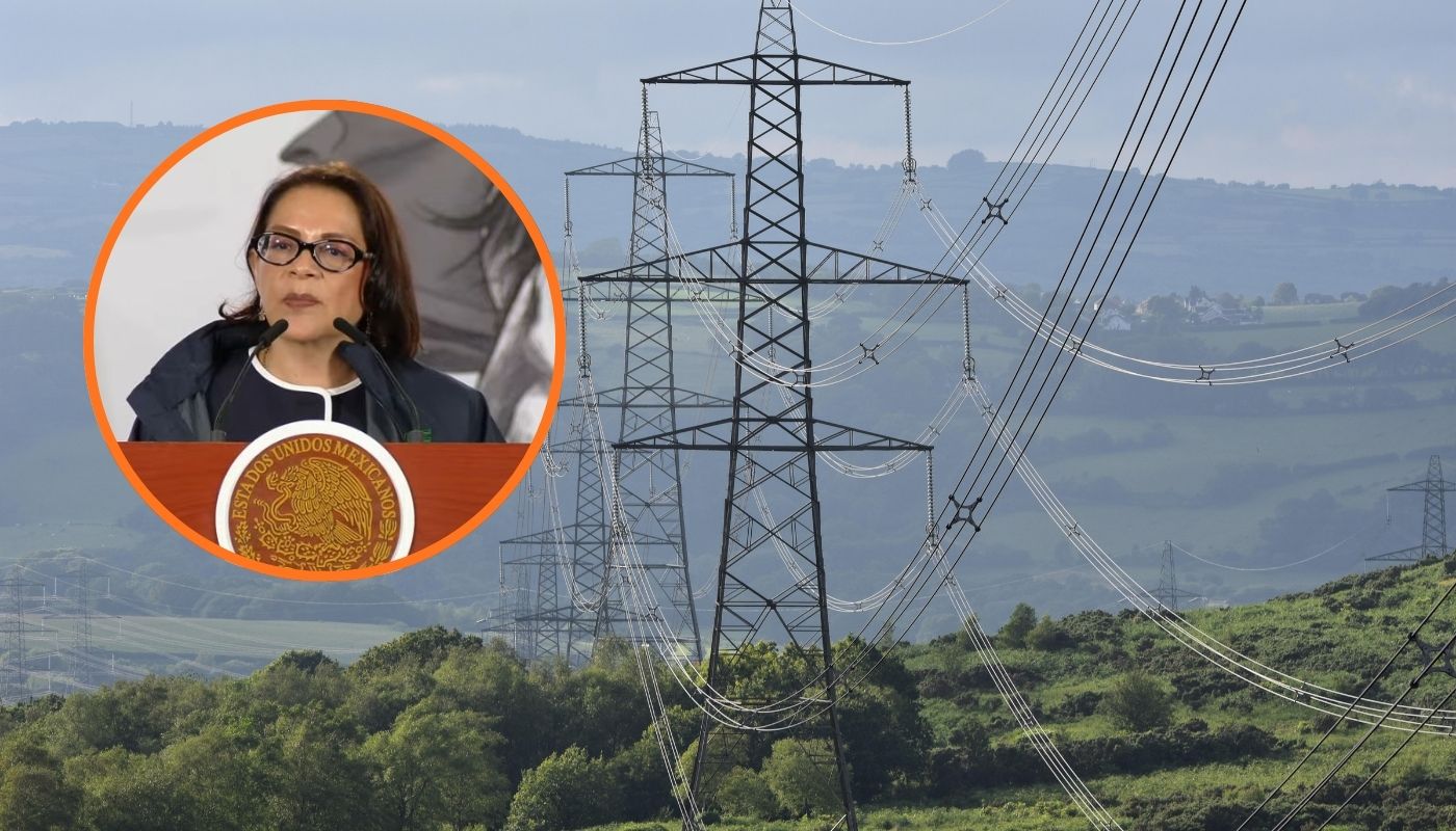 Torres de electricidad en una zona con arboles y en un círculo la directora de la Comisión Federal de Electricidad, Emilia Esther Calleja Alor