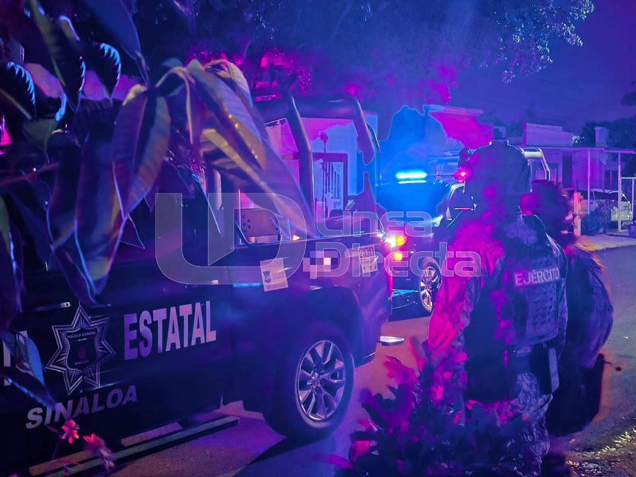 Elementos policiacos y militares junto a una unidad de seguridad en una calle de noche
