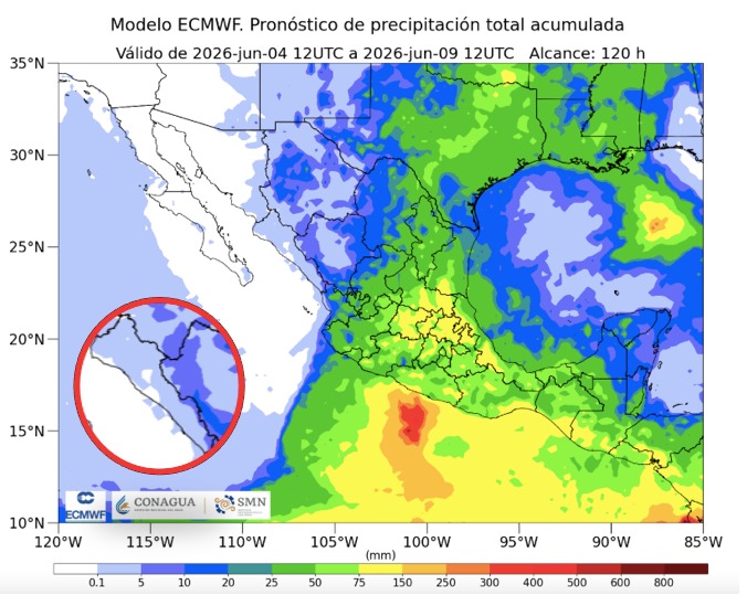 Imagen satelital de México que representa lluvias con colores verdes y azules que indica pronóstico de precipitaciones