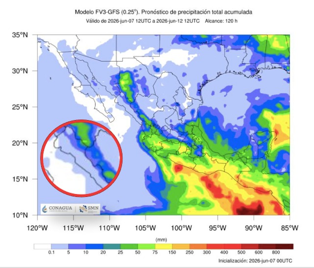Imagen satelital de México que representa lluvias con colores verdes y azules que indica pronóstico bajo de precipitaciones
