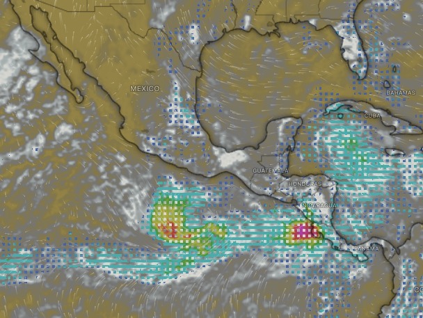 Mapa satelital de México con una zona con color indicando una zona de baja presión