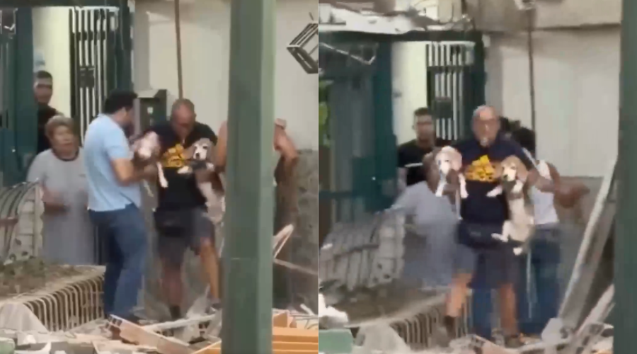 Hombre rescata a sus mascotas luego de los dos terremotos en Venezuela.