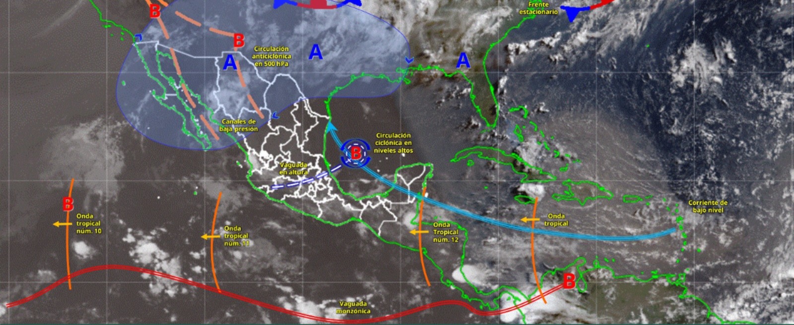 Imagen satelital de México indicando los sistemas meteorológicos activos con líneas y flechas
