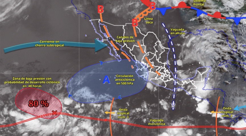 Imagen satelital de México indicando los sistemas meteorológicos activos con líneas y flechas