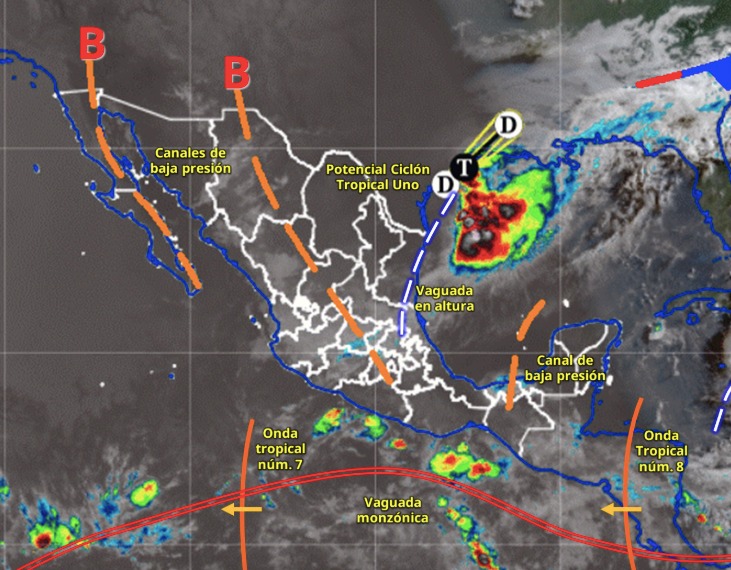 Imagen satelital de México indicando los sistemas meteorológicos activos con líneas y flechas