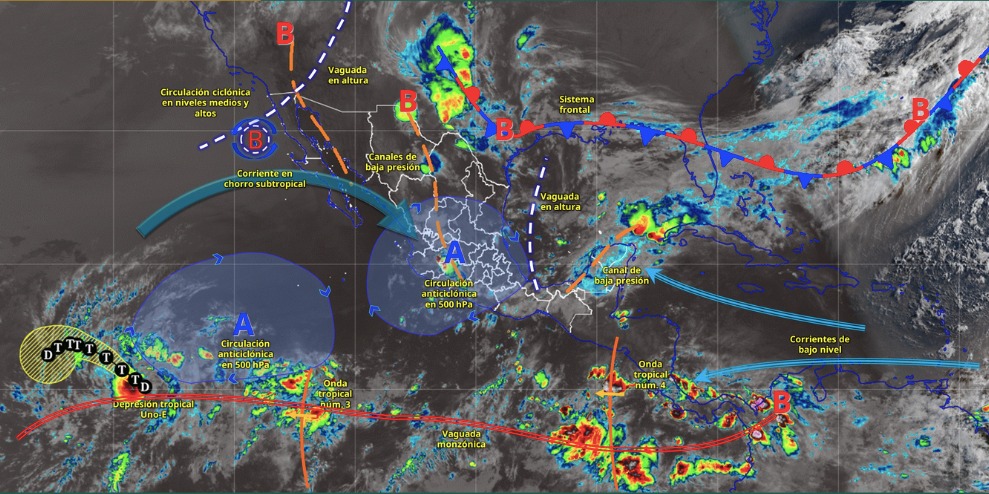 Imagen satelital de México indicando los sistemas meteorológicos activos con líneas y flechas