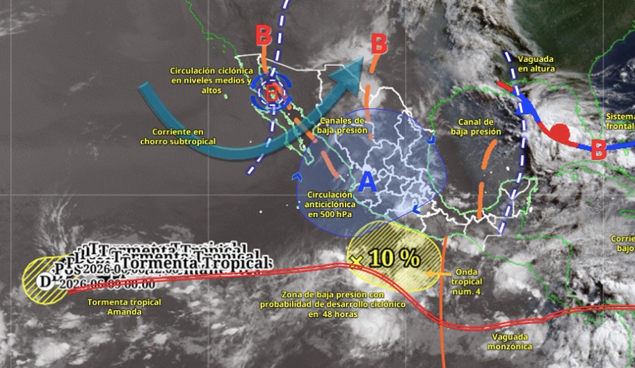 Imagen satelital de México indicando los sistemas meteorológicos activos con líneas y flechas