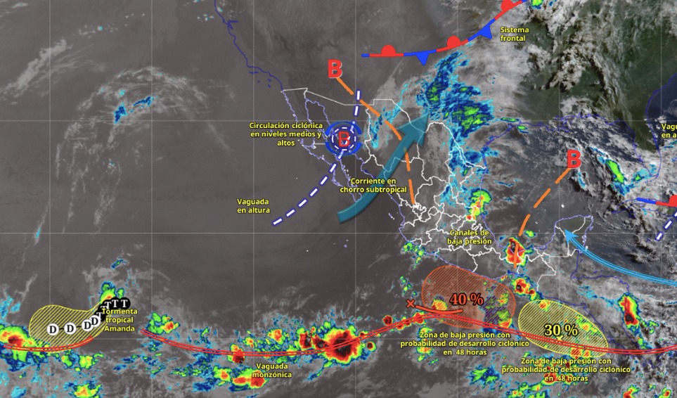 Imagen satelital de México indicando los sistemas meteorológicos activos con líneas y flechas