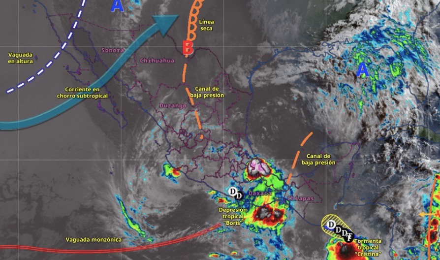 Imagen satelital de México indicando los sistemas meteorológicos activos con líneas y flechas