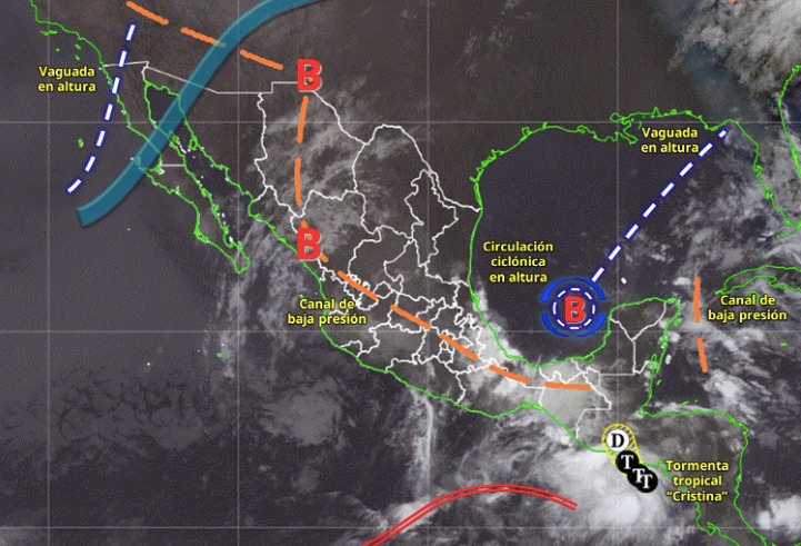 Mapa satelital de México con flechas y líneas indicando los sistemas metereológicos activos