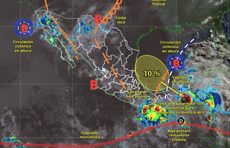 Imagen satelital de México indicando los sistemas meteorológicos activos con líneas y flechas