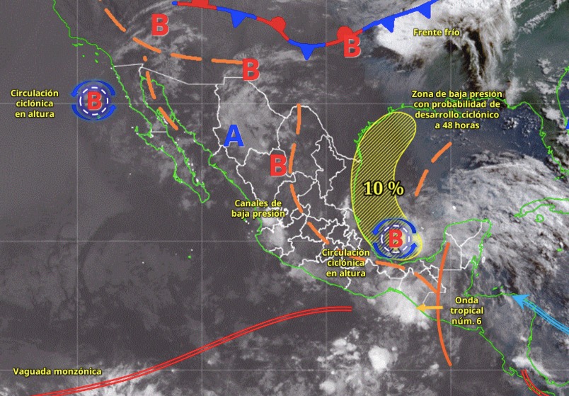 Imagen satelital de México indicando los sistemas meteorológicos activos con líneas y flechas