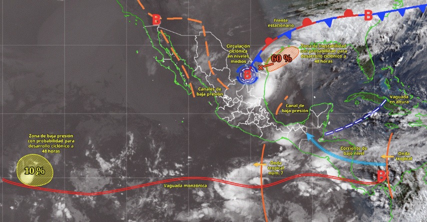 Imagen satelital de México indicando los sistemas meteorológicos activos con líneas y flechas