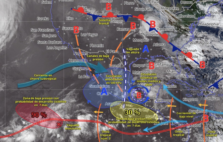 Imagen satelital de México indicando los sistemas meteorológicos activos con líneas y flechas