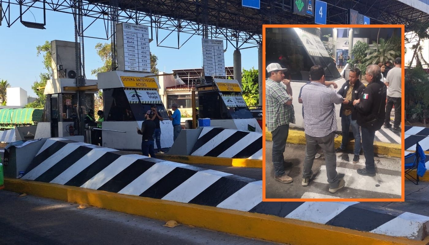 Caseta de peaje y en un recuadro personas paradas en una caseta