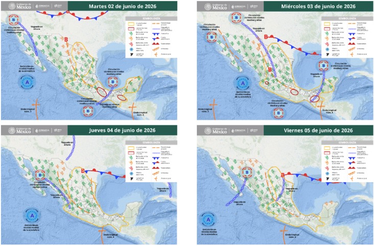 Mapas de México con flechas, líneas e íconos de viento indicando la probabilidad de tormentas en el país
