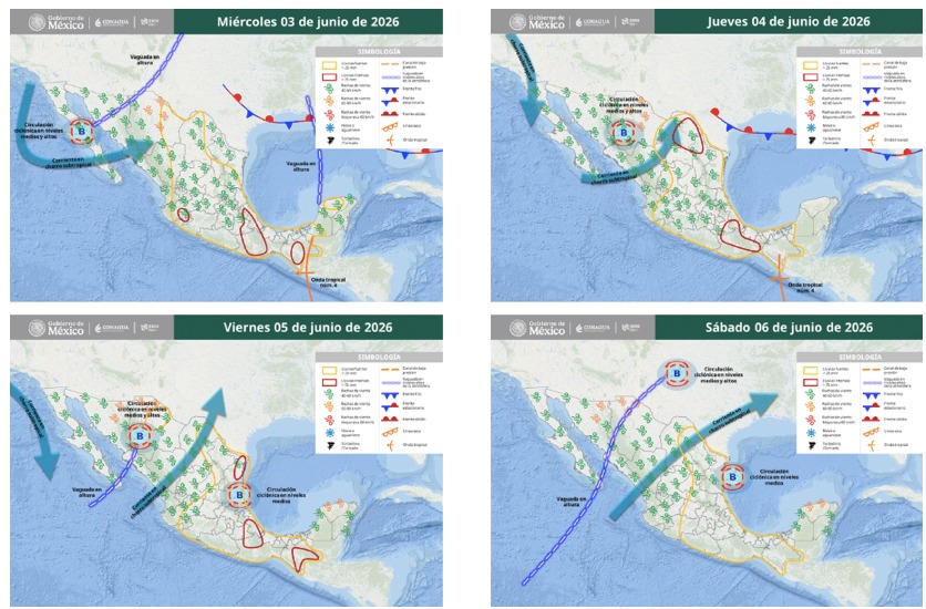 Mapas de México con flechas, líneas e íconos de viento indicando la probabilidad de tormentas en el país