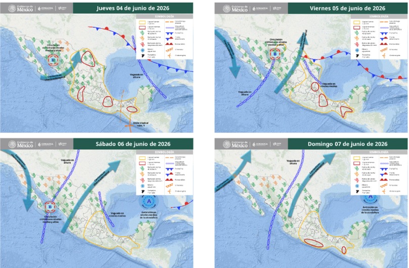 Mapas de México con flechas, líneas e íconos de viento indicando la probabilidad de tormentas en el país