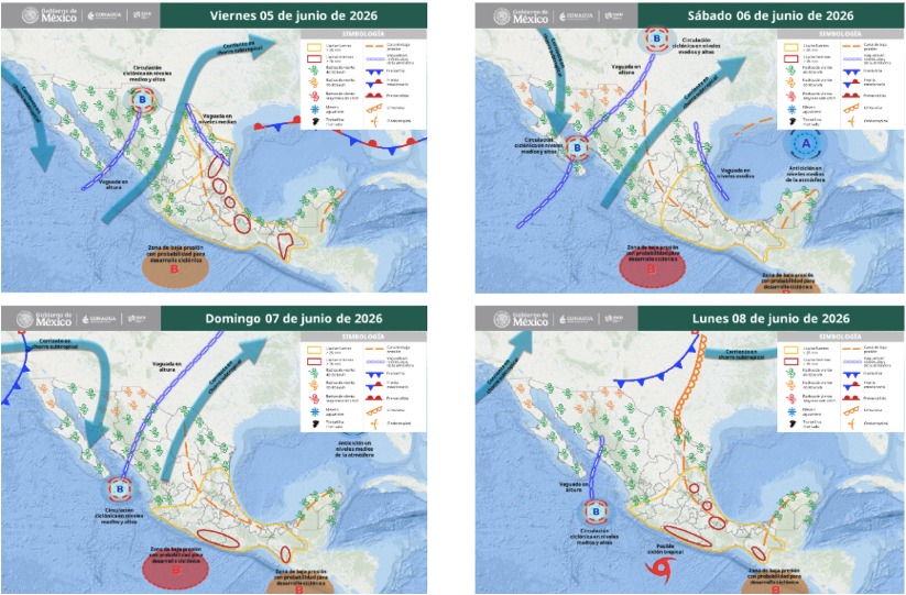 Mapas de México con flechas, líneas e íconos de viento indicando la probabilidad de tormentas en el país