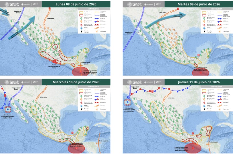 Mapas de México con flechas, líneas e íconos de viento indicando la probabilidad de tormentas en el país
