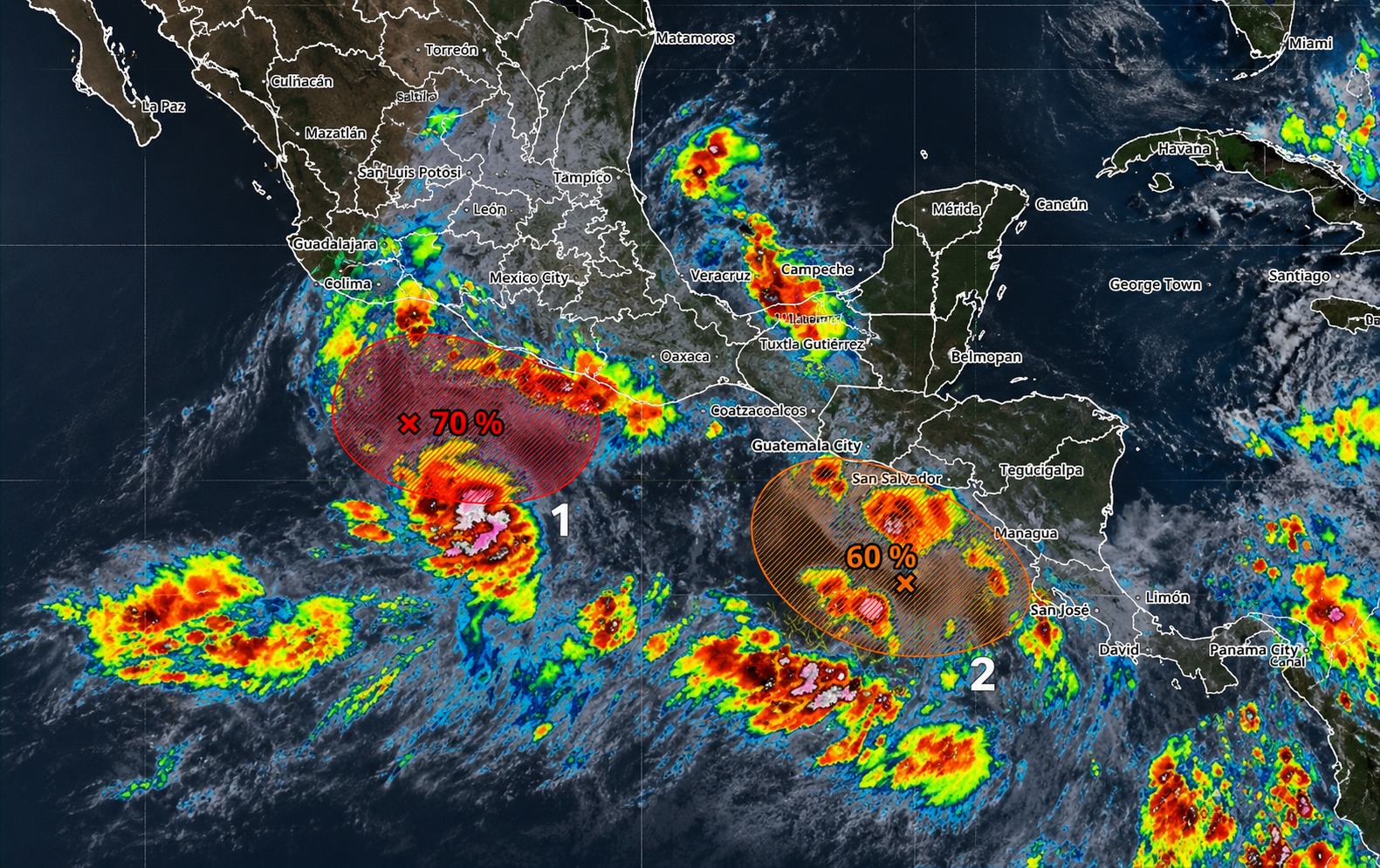 Mapa satelital de México con dos zonas de baja presión indicadas en el Pacífico sur