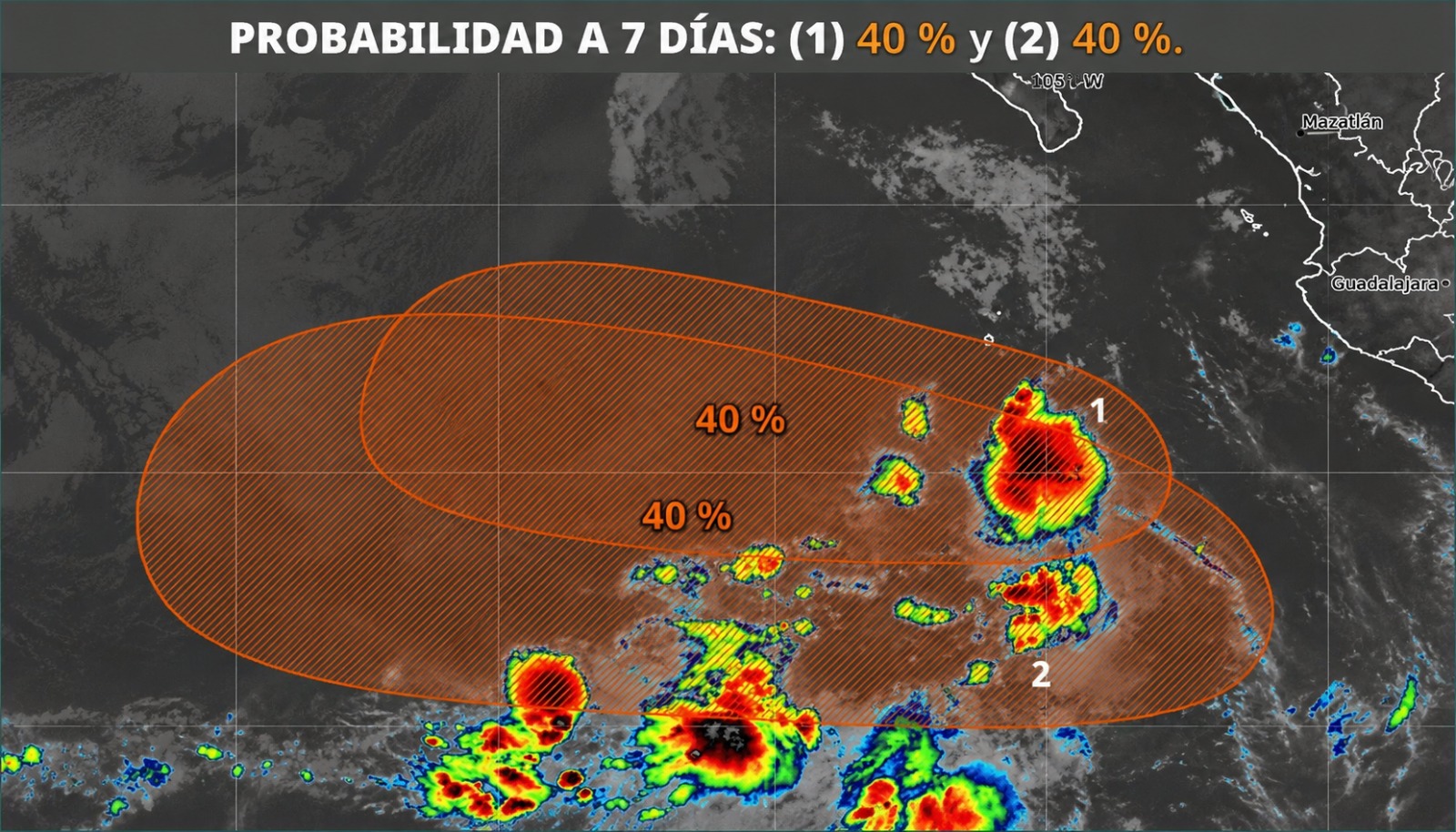Mapa satelital del Pacífico indicando dos zonas de baja presión con potencial ciclónico